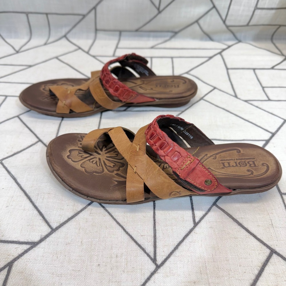 Born Leather Slide Sandals Size 9 Brown Red Braided Strappy Flat D28116 - Picture 4 of 8